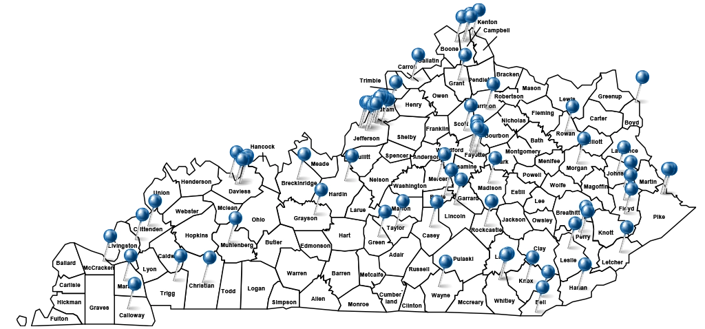 Map of Kentucky with KIPSQ member hospitals