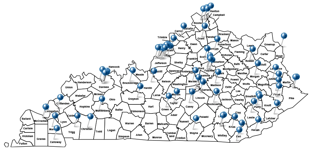 Map of Kentucky with KIPSQ member hospitals
